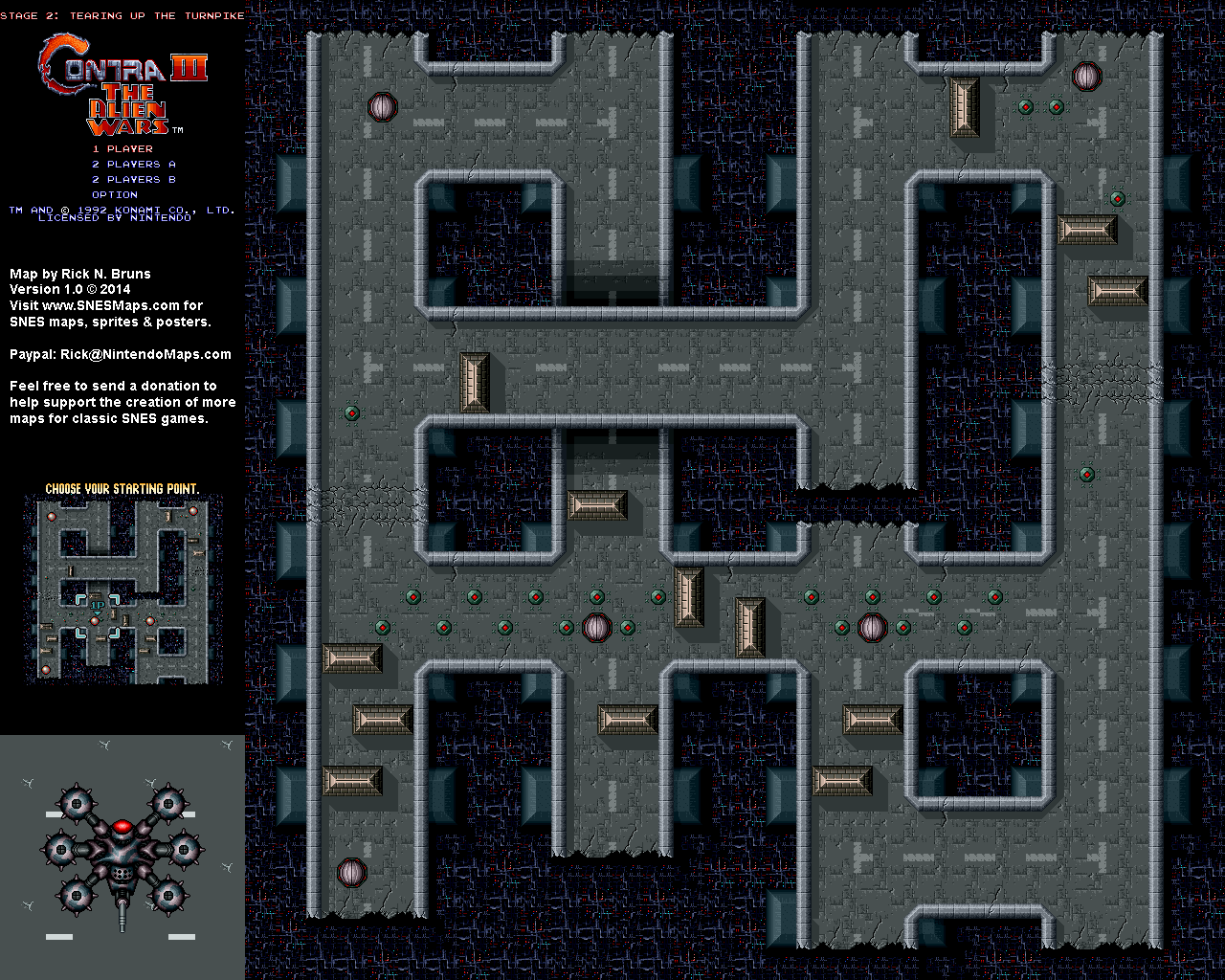 Contra 3: The Alien Wars - Stagel 2 Tearing up the Turnpike - Super Nintendo SNES Map