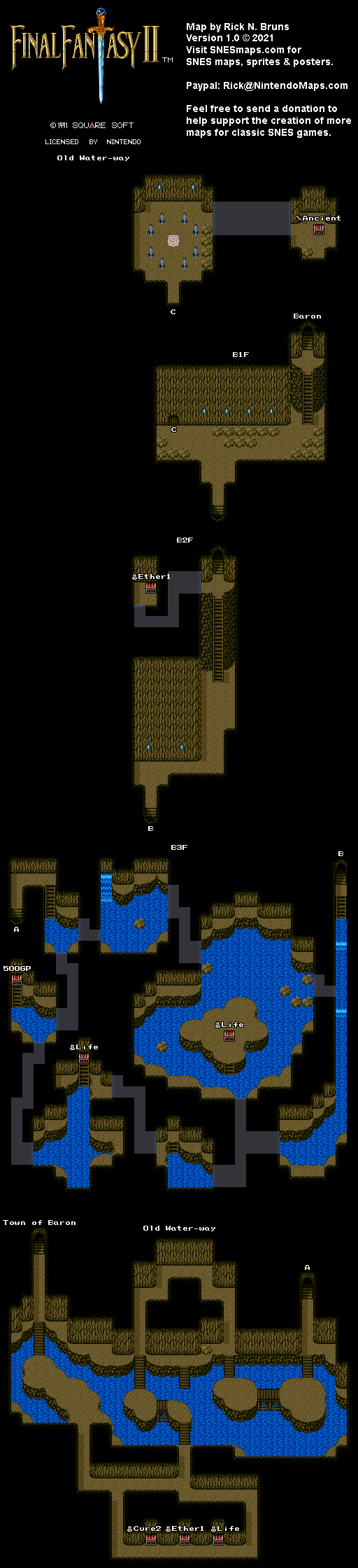 Final Fantasy II 2 (IV 4) - Old Water-way Super Nintendo SNES Map