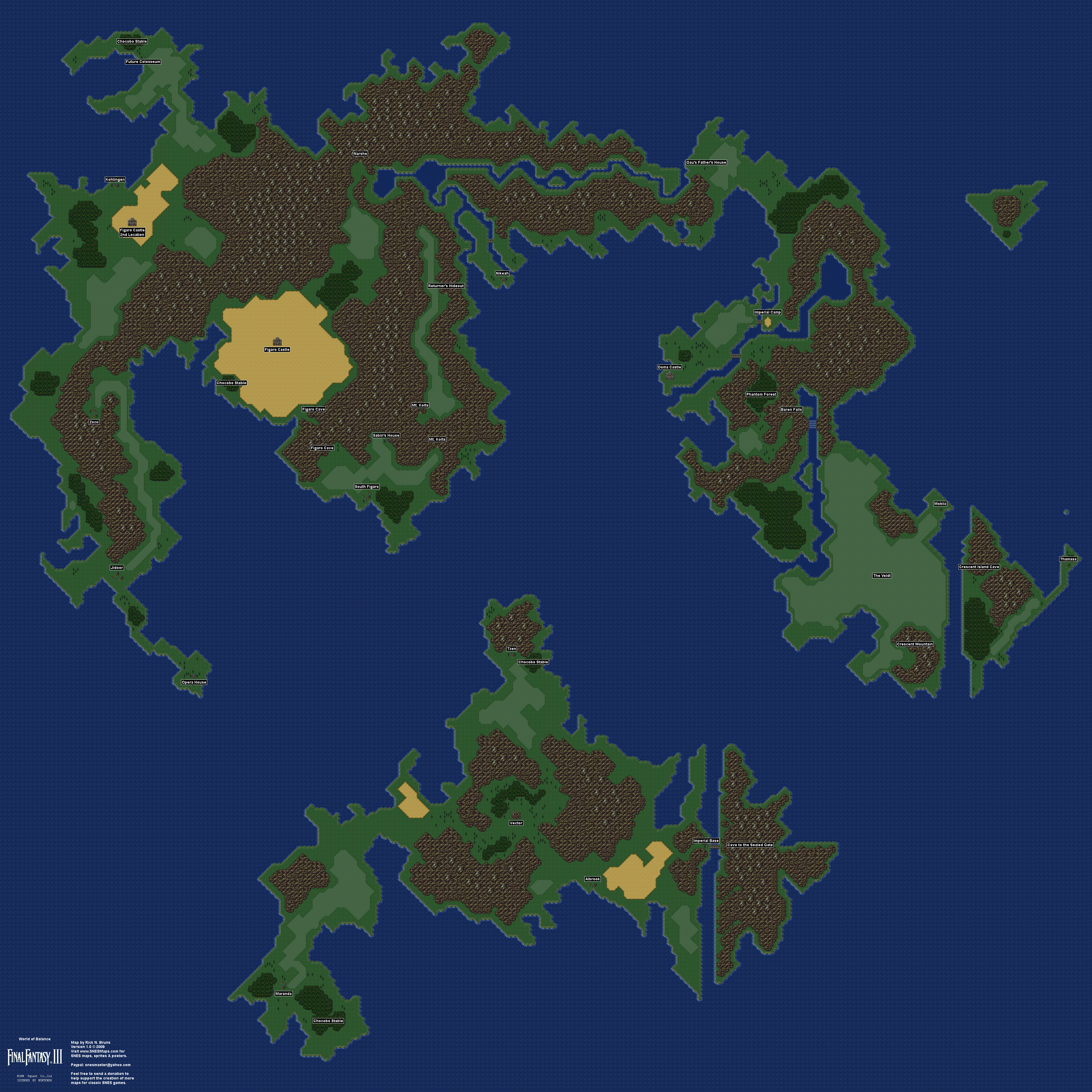 Final Fantasy III 3 (VI 6) - World of Balance Overworld Super Nintendo SNES Map