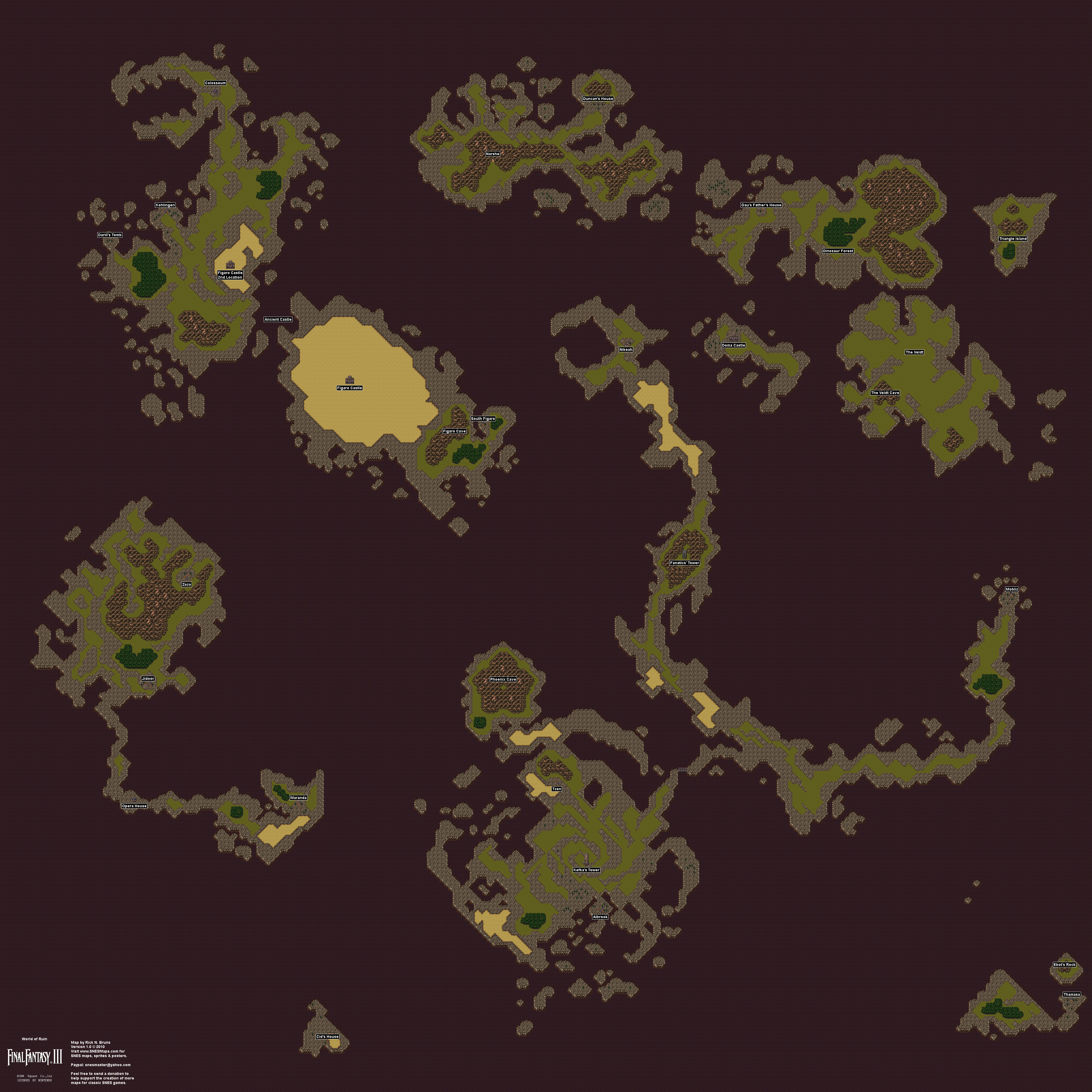 Final Fantasy III 3 (VI 6) - World of Ruin Overworld Super Nintendo SNES Map